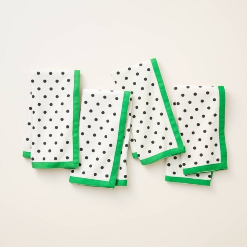 Set of 4 Polka Dot Napkins with Green Trim